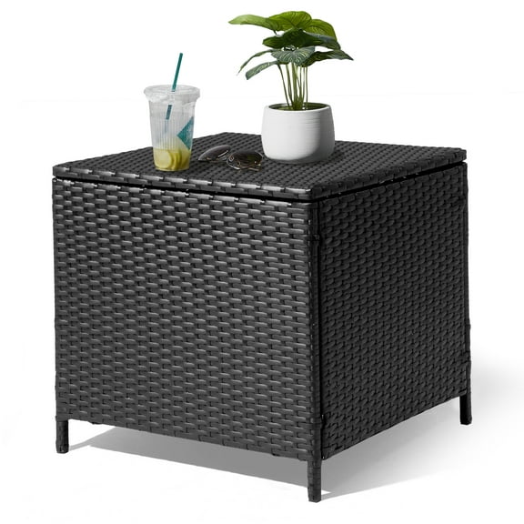 Outdoor PE Wicker Side Table with Storage, Patio Rattan End Table Square Container for Furniture Covers, Toys and Gardening Tools, Black