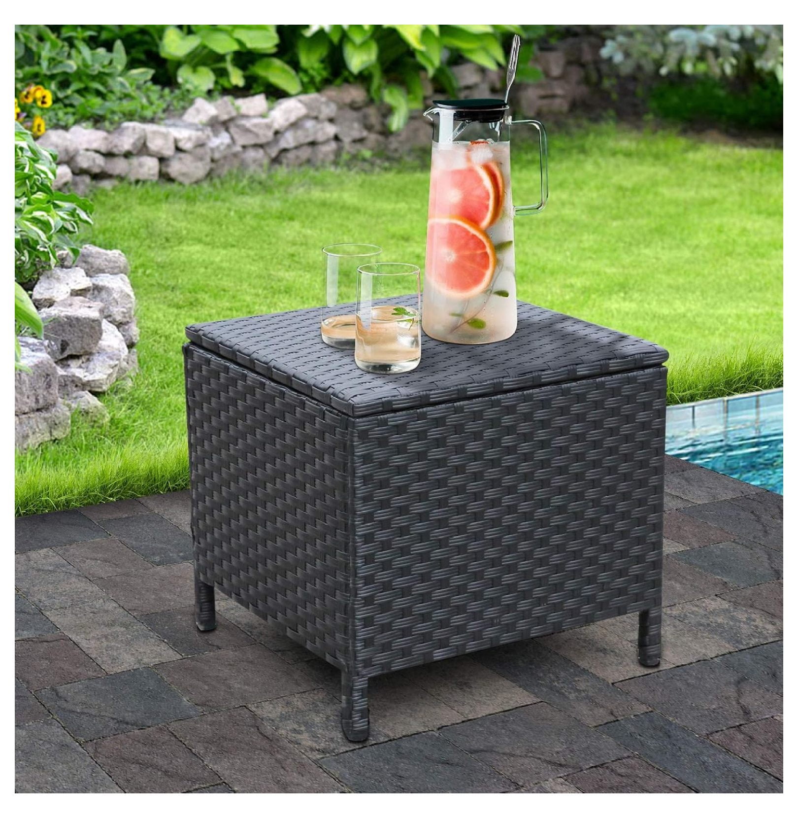 Outside Rattan Side Table Outdoor PE Wicker Side Table with Storage Patio Resin Rattan End Table ...