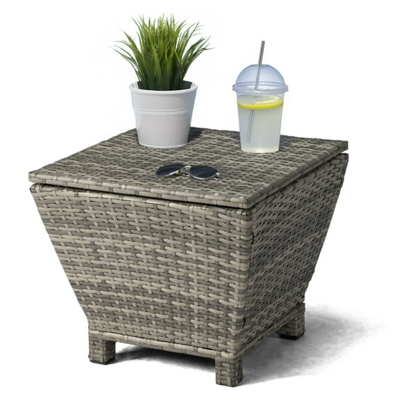 Outdoor PE Wicker Side Table with Storage, Small Patio Storage Bin Container for Hose Cushion Towel, Grey