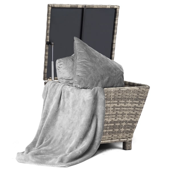 Outdoor PE Wicker Side Table with Storage, Small Patio Storage Bin Container for Hose Cushion Towel, Grey