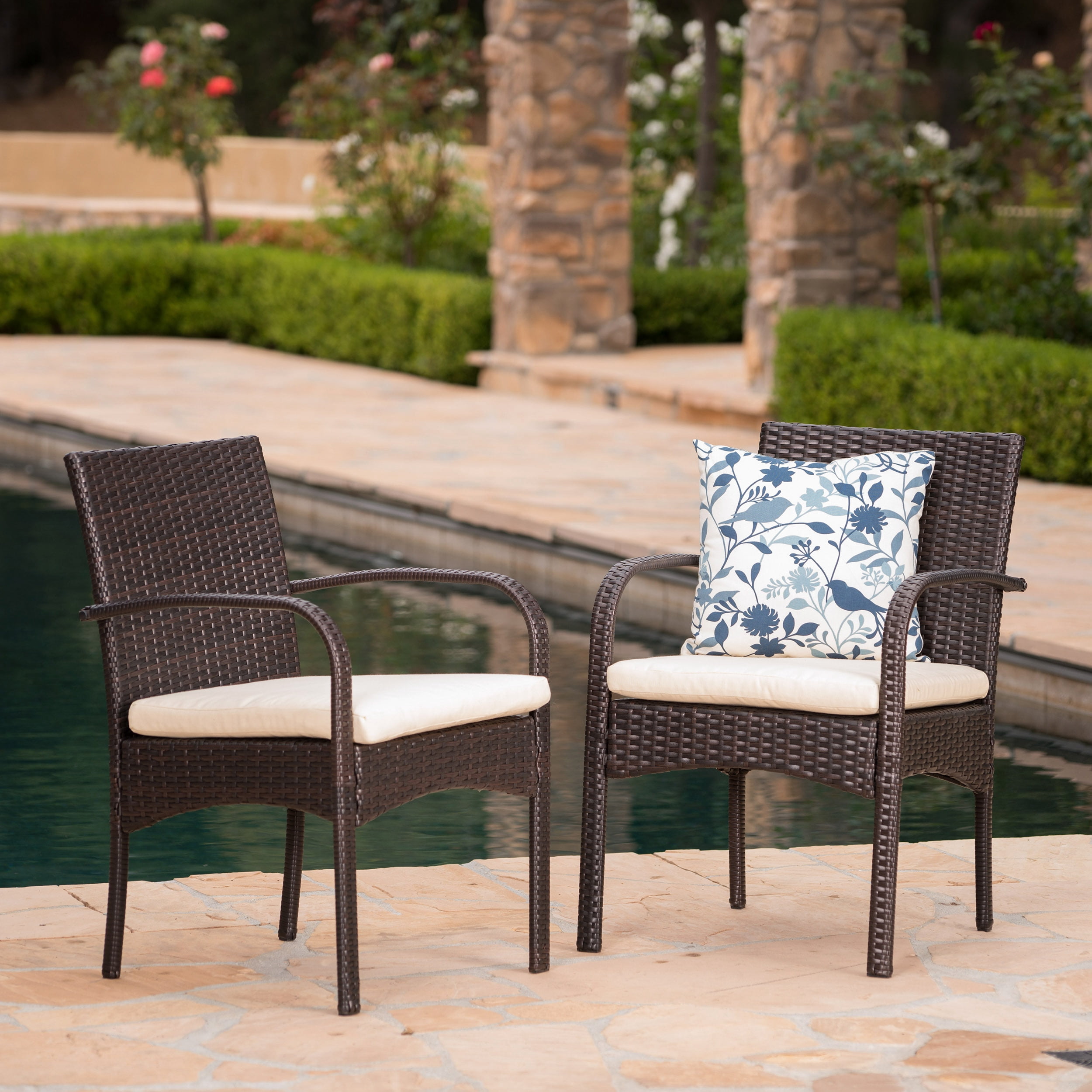 Outdoor PE Woven Dining Chair Set of 2, Weather Resistant Household Seats for Patio Garden, Iron Brown