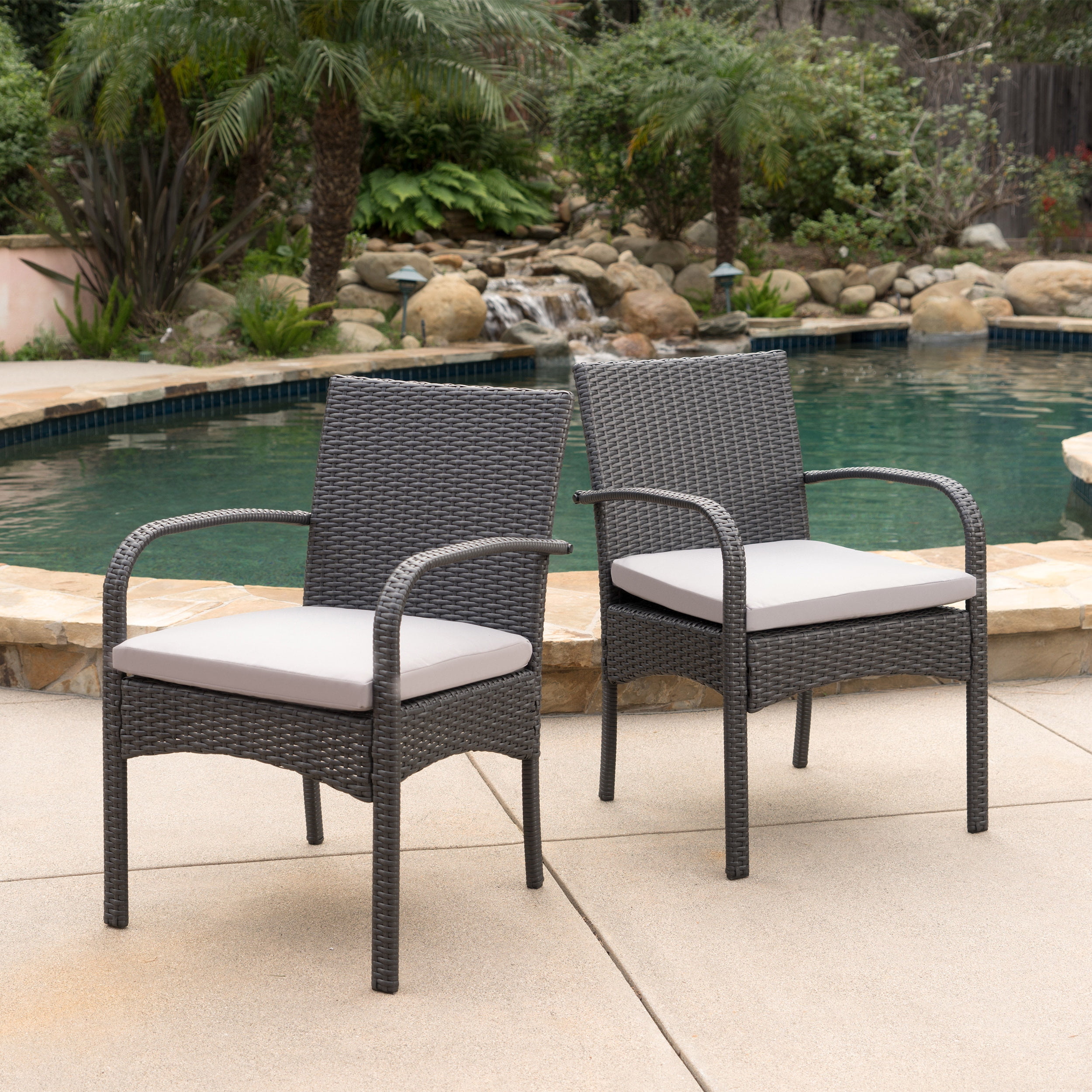 Outdoor PE Woven Dining Chair Set of 2, Weather Resistant Household Seats for Patio Garden, Iron Grey