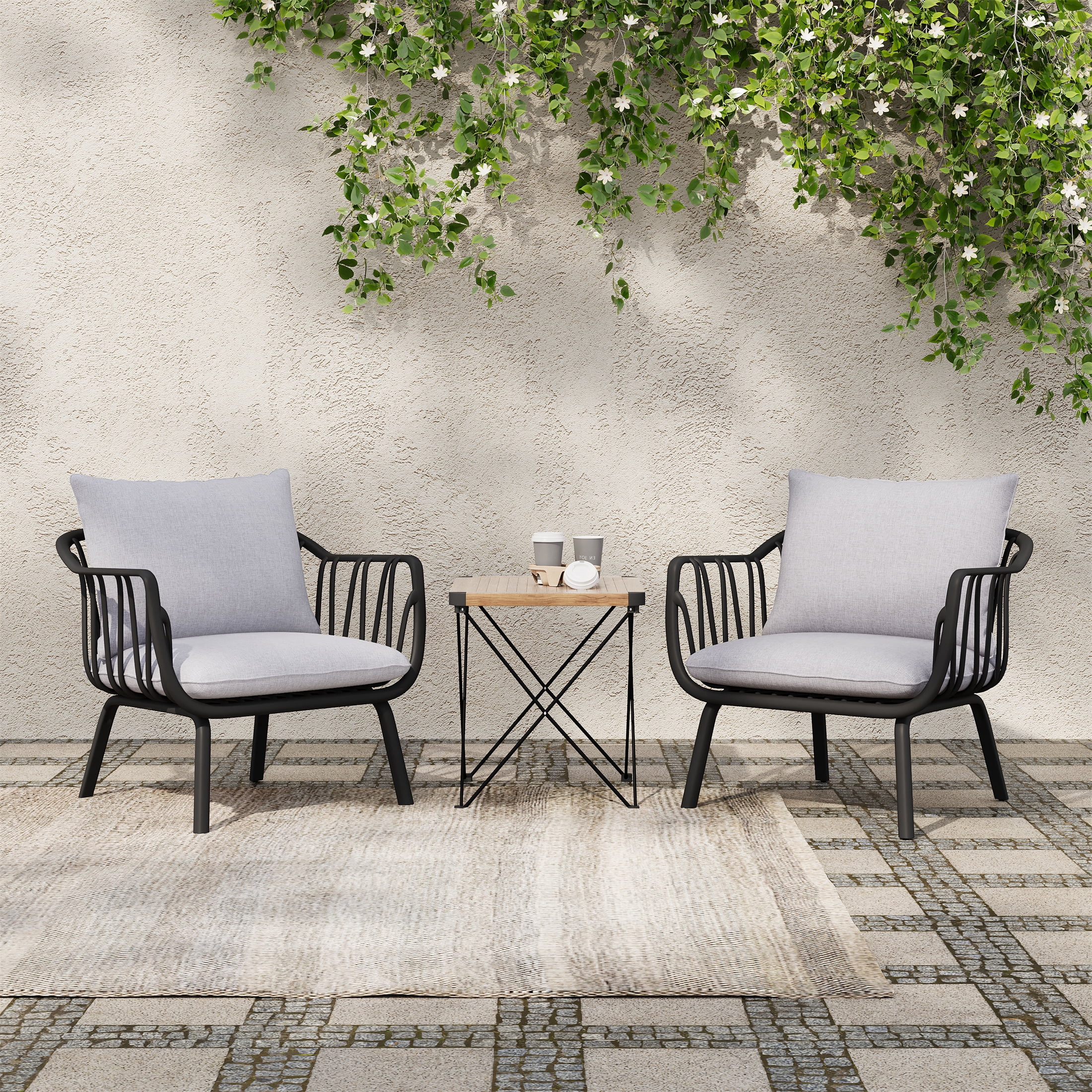 Outdoor PP Frame Patio Club Chairs Set of 2 for Patio Balcony Garden, Black