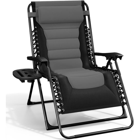 Outdoor Padded Zero Gravity Chair, Patio Lounge Chair Outdoor Recliner, Oversized Anti Gravity Lounger with Adjustable Headrest and Cup Holder, Foldable for Camping, Yard - Black/Grey