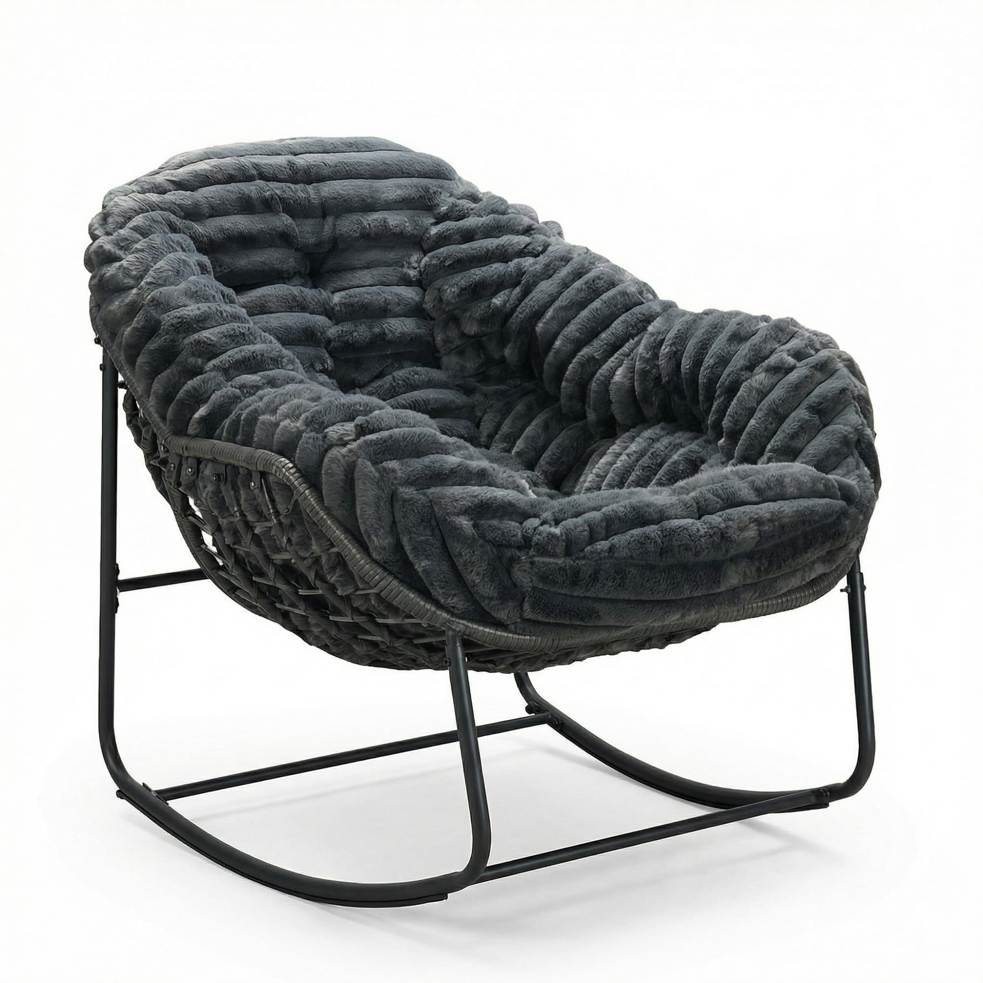 Outdoor Papasan Rocking Chair, Oversized Egg Chair with Cushion, Wicker Rattan Patio Rocker, Indoor Outdoor Lounge Chair for Porch Garden Living Room, Dark Gray
