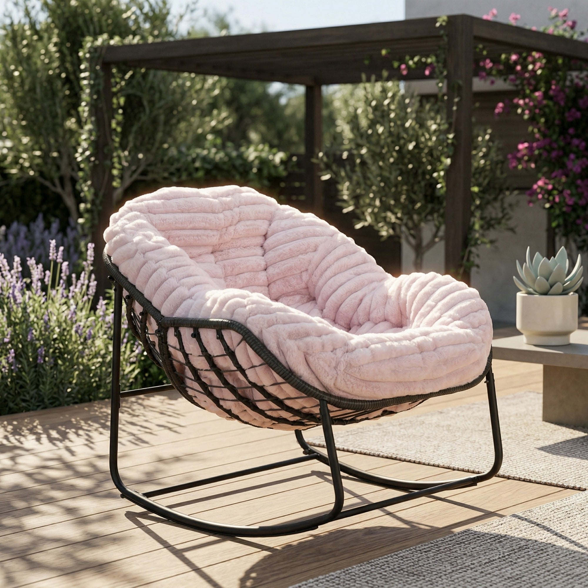 Outdoor Papasan Rocking Chair, Oversized Egg Chair with Cushion, Wicker Rattan Patio Rocker, Indoor Outdoor Lounge Chair for Porch Garden Living Room, Pink