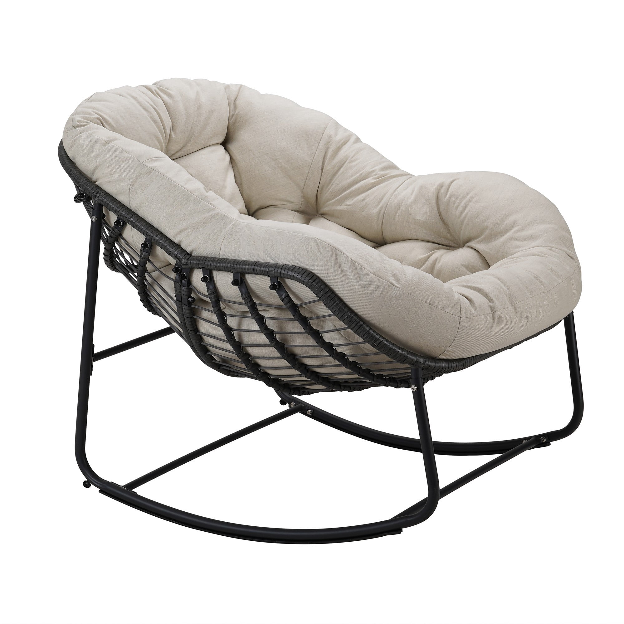 Outdoor Papasan Rocking Chair, Oversized Egg Rocking Chair with Cushion, Wicker Rattan Patio Rocker, Indoor Outdoor Lounge Chair for Porch Garden Living Room, Beige
