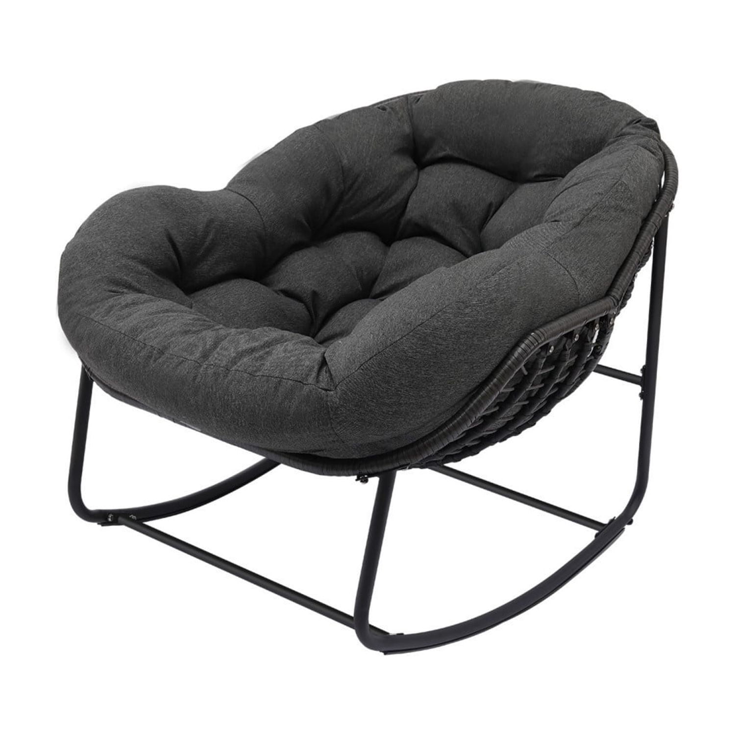Outdoor Papasan Rocking Chair, Oversized Egg Rocking Chair with Cushion, Wicker Rattan Patio Rocker, Indoor Outdoor Lounge Chair for Porch Garden Living Room, Dark Gray