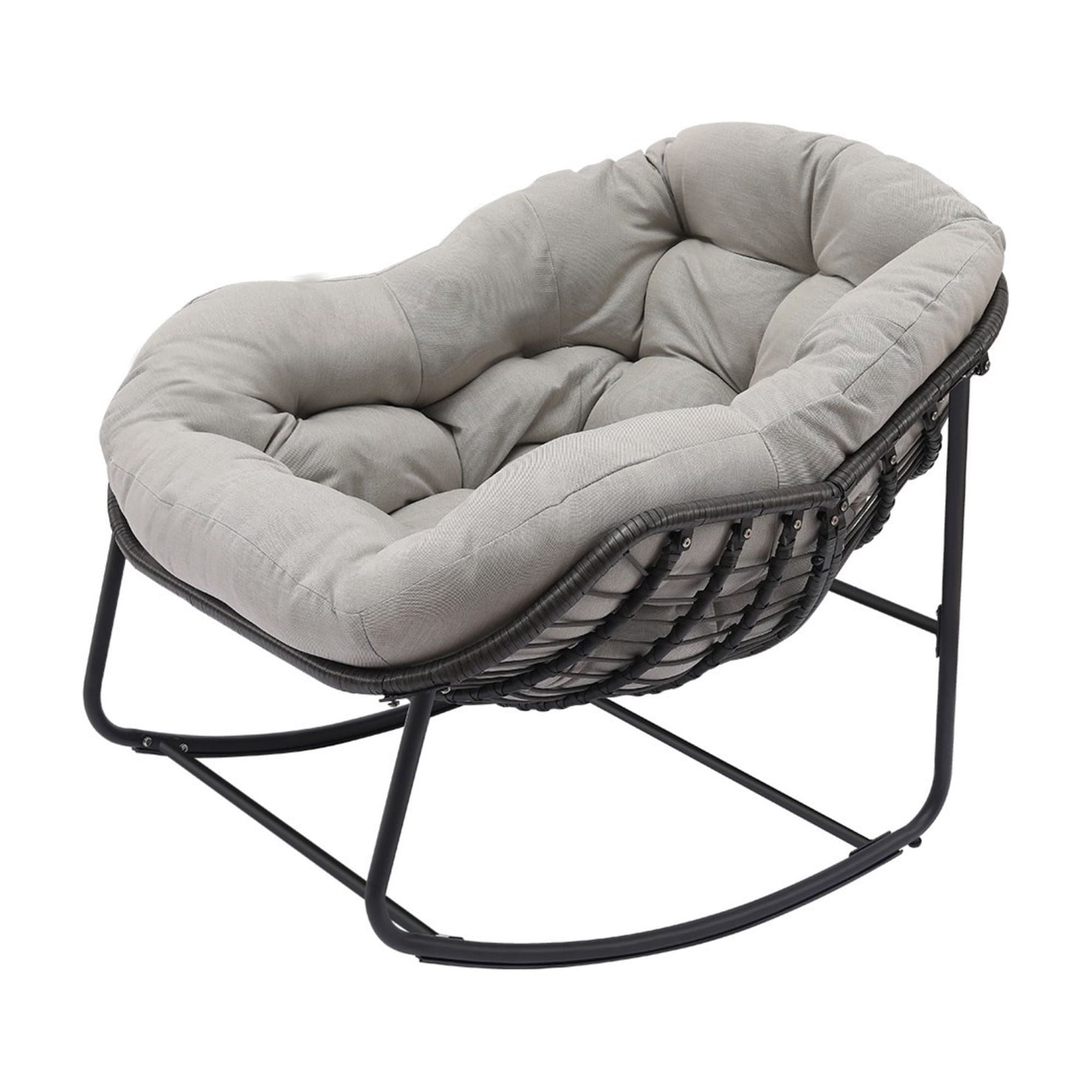 Outdoor Papasan Rocking Chair, Oversized Egg Rocking Chair with Cushion, Wicker Rattan Patio Rocker, Indoor Outdoor Lounge Chair for Porch Garden Living Room, Light Gray