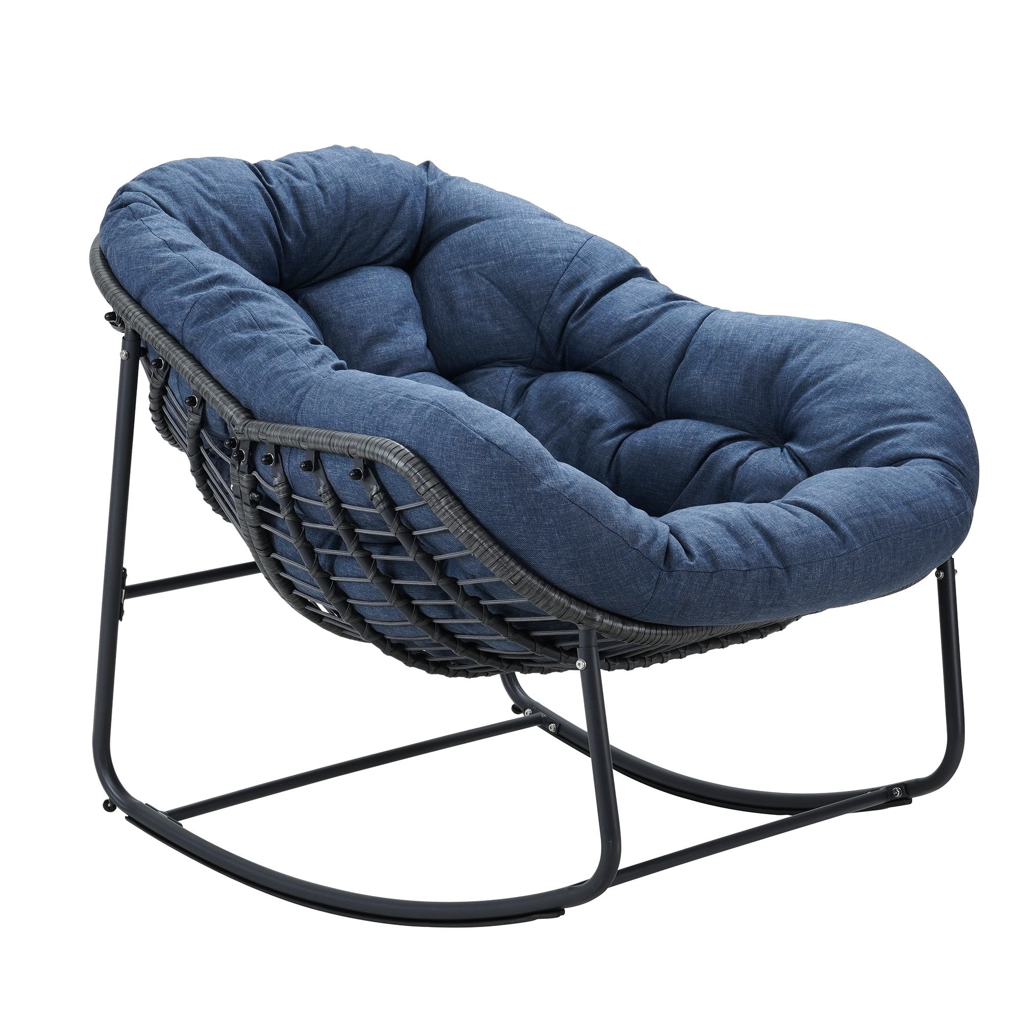 Outdoor Papasan Rocking Chair, Oversized Egg Rocking Chair with Cushion, Wicker Rattan Patio Rocker, Indoor Outdoor Lounge Chair for Porch Garden Living Room, Navy Blue