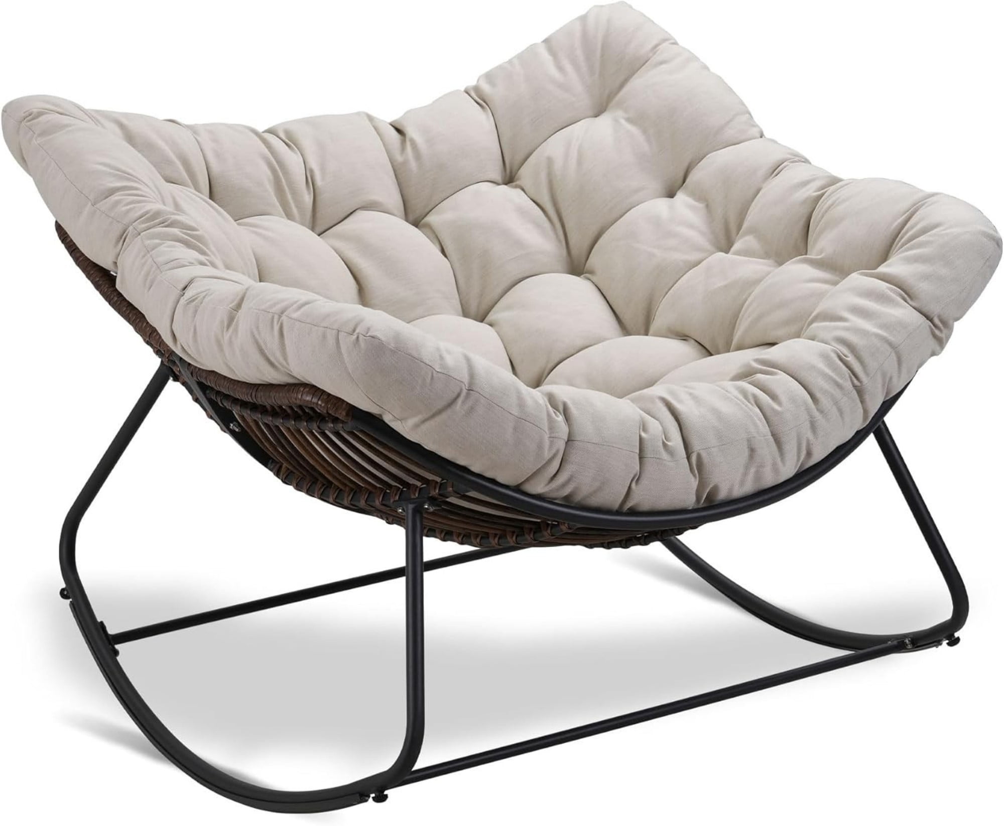 Outdoor Papasan Rocking Chair Oversized, Rattan Egg Rocker Chair with Padded Cushion, 400lbs Patio Wicker Rocking Chair for Living Room Porch Backyard, Beige
