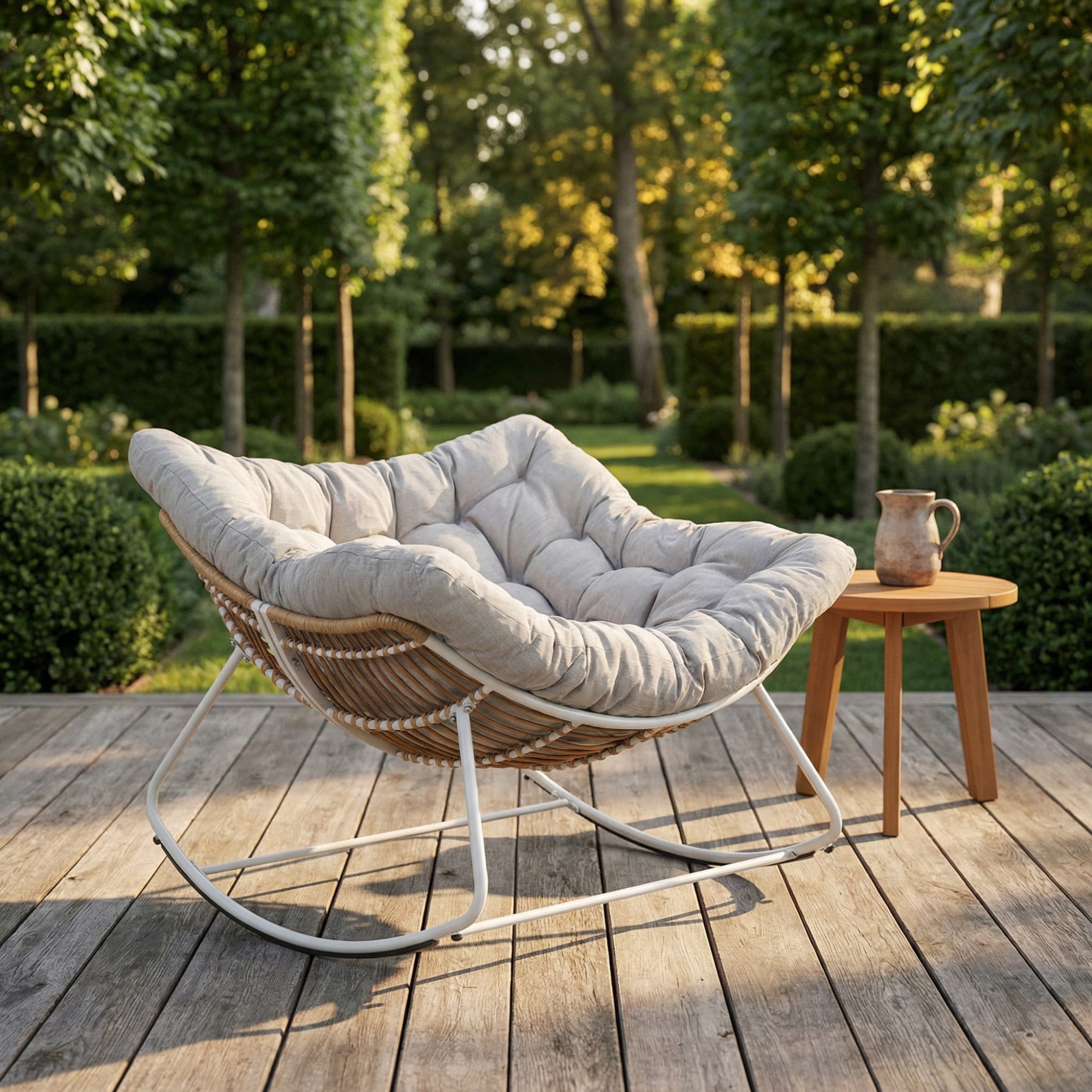 Outdoor Papasan Rocking Chair Oversized, Rattan Egg Rocker Chair with Padded Cushion, 400lbs Patio Wicker Rocking Chair for Living Room Porch Backyard, Light Gray