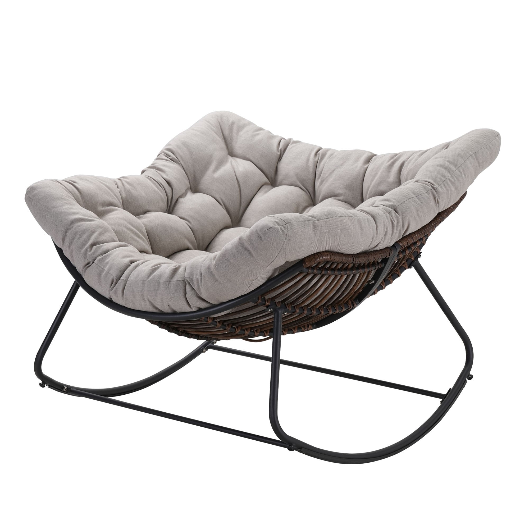 Outdoor Papasan Rocking Chair Oversized, Rattan Egg Rocker Chair with Padded Cushion, 400lbs Patio Wicker Rocking Chair for Living Room Porch Backyard, Light Gray