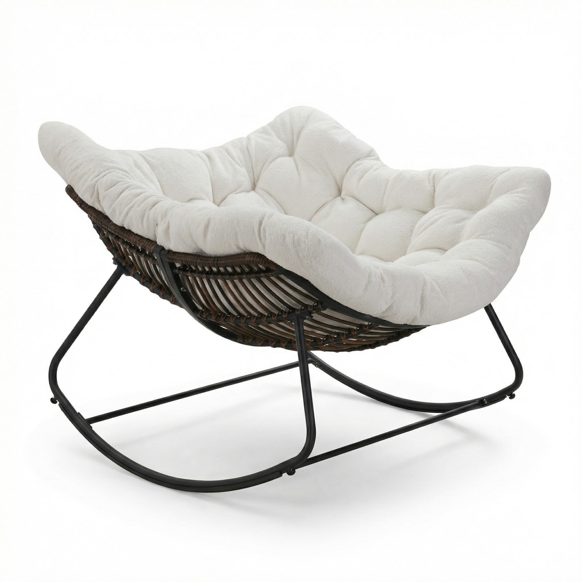 Outdoor Papasan Rocking Chair Oversized, Rattan Egg Rocker Chair with Padded Cushion, 400lbs Patio Wicker Rocking Chair for Living Room Porch Backyard, White