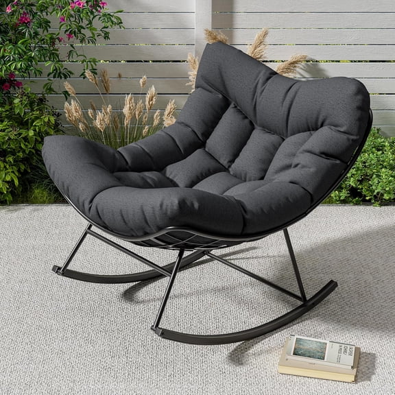 Outdoor Papasan Rocking Chair, Oversized Rattan Egg Rocker with Sturdy Metal Frame for Backyard Porch Bedroom