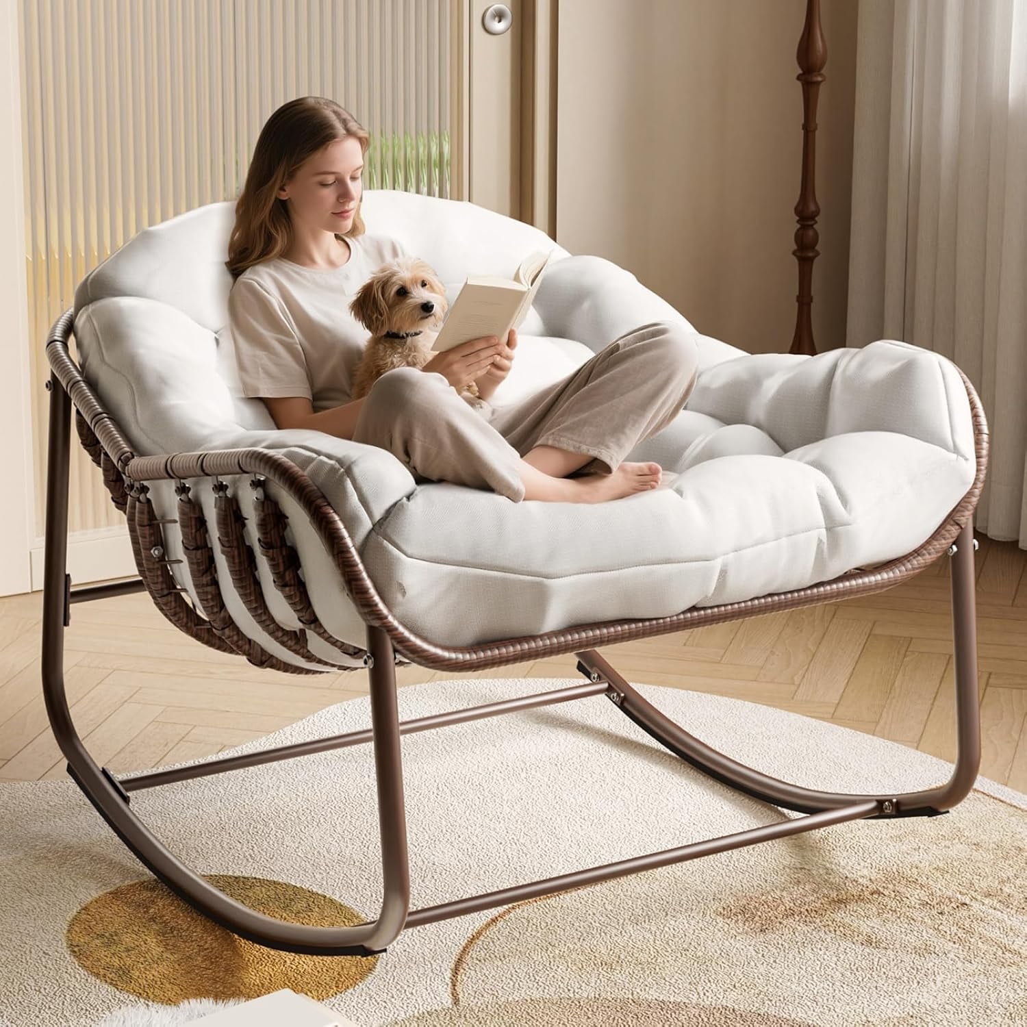 Outdoor Papasan Rocking Chair, Oversized Wicker Lounge Chair with ...