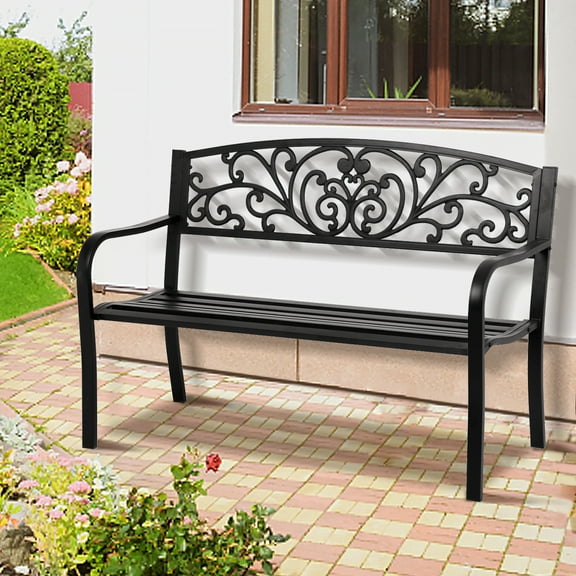 Dkeli 50"L Outdoor Park Bench Patio Garden Bench Metal Porch Bench 400 lbs Capacity for Yard, Work Entryway, Black