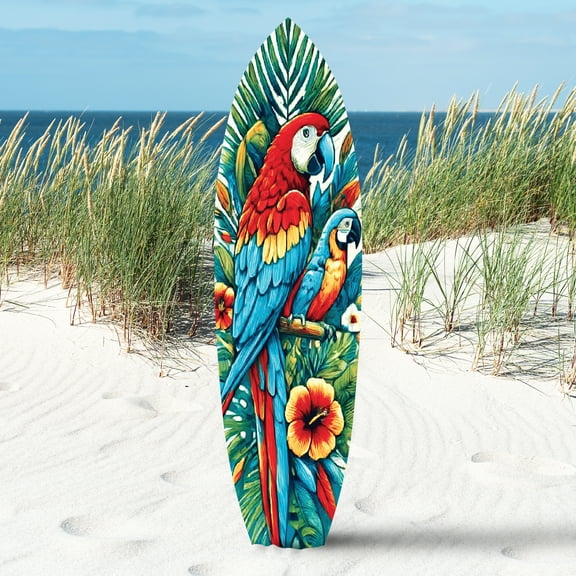 Outdoor Parrot Surfboard Wall Art Tropical Theme, Decorative Indoor Outdoor Use, PVC, Bold Colors, 4 Foot
