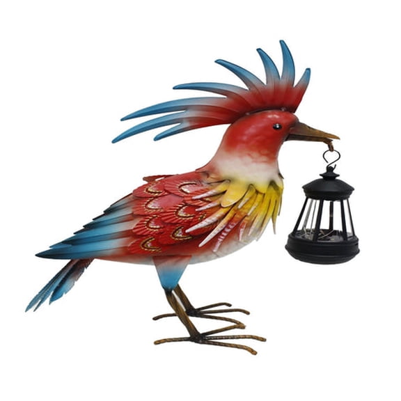 Outdoor Parrot with Lantern Garden Statue Decoration with LED Lights 17" Tall in Red and Yellow
