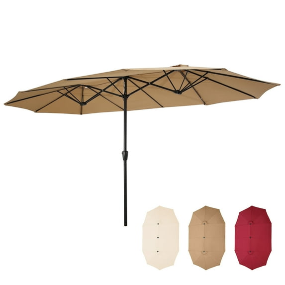 Outdoor Party Deck Market Umbrella, 15Ft Twin Durable Polyester Double-Sided Pool Umbrella with Crank, Foldable Waterproof Sunscreen Beach Sun Shade Tent for Garden, Lawn, Backyard, Taupe, S8630