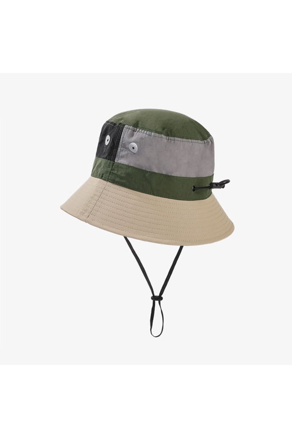Outdoor Patchwork Bucket Hat Adjustable Chin Strap Breathable Wide Brim for Hiking Camping Travel - Khaki