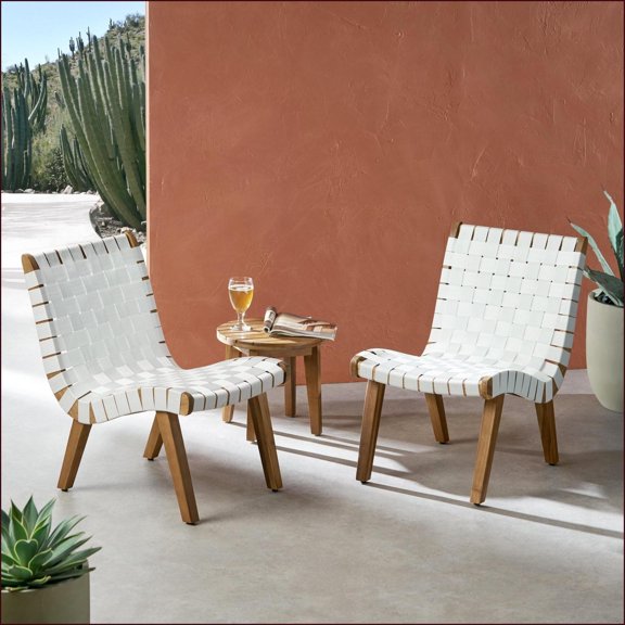 Outdoor Patio 3-Piece Chat Set, Modern Minimalist Acacia Wood Rope Weave | White | Teak