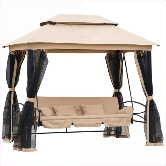 Outdoor Patio 3-Seat Swing Chair | Convertible Daybed for Gazebo Porch | Cushioned Canopy & Mesh | Beige | Steel