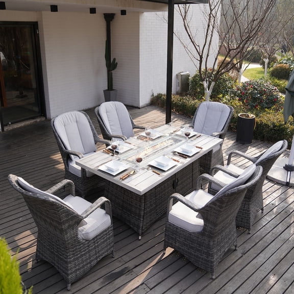 7-Piece Outdoor Patio Dining Set with Gas Fire Pit Table & Wicker Chairs, Gray Rattan Furniture