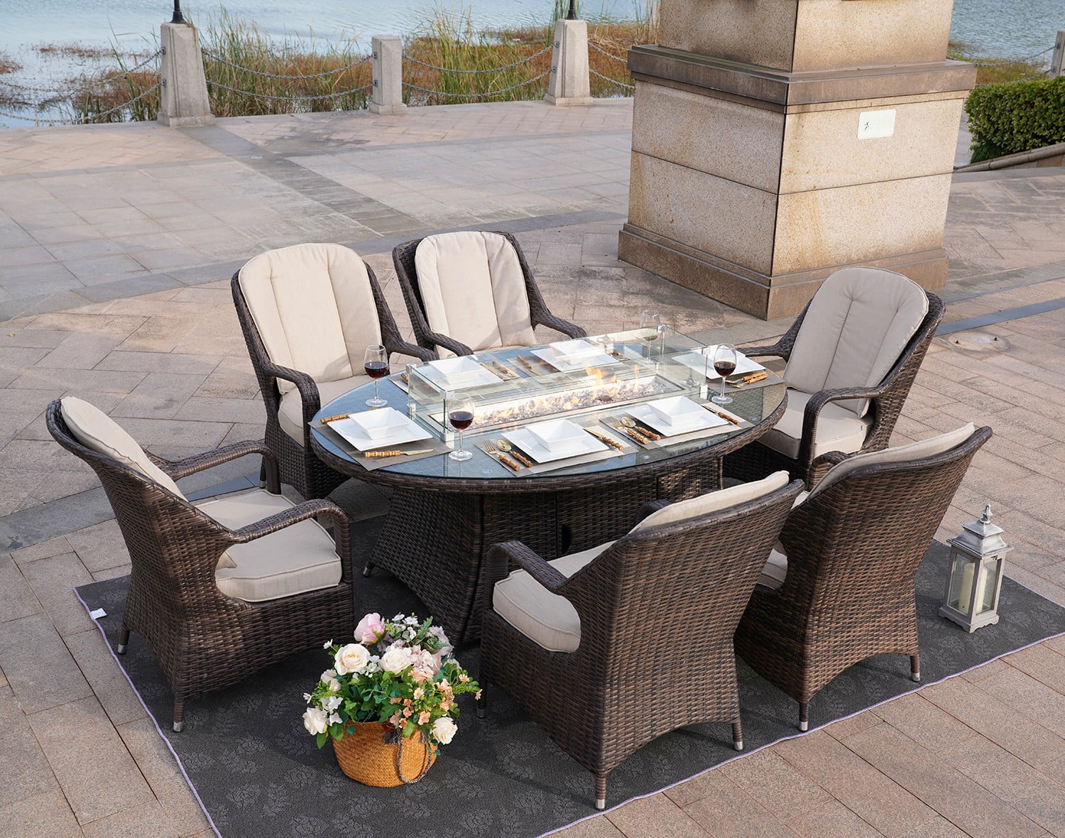 Outdoor Patio 7-Piece PE Rattan Wicker Oval Fire Pit Dining Table