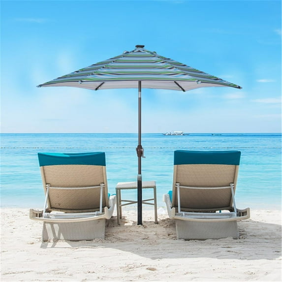 Outdoor Patio 8.7-Feet Market Table Umbrella with Push Button Tilt and Crank, Red Stripes With 24 LED Lights, Outdoor Umbrella for Garden, Deck, Backyard, Pool and Beach, Blue Stripes