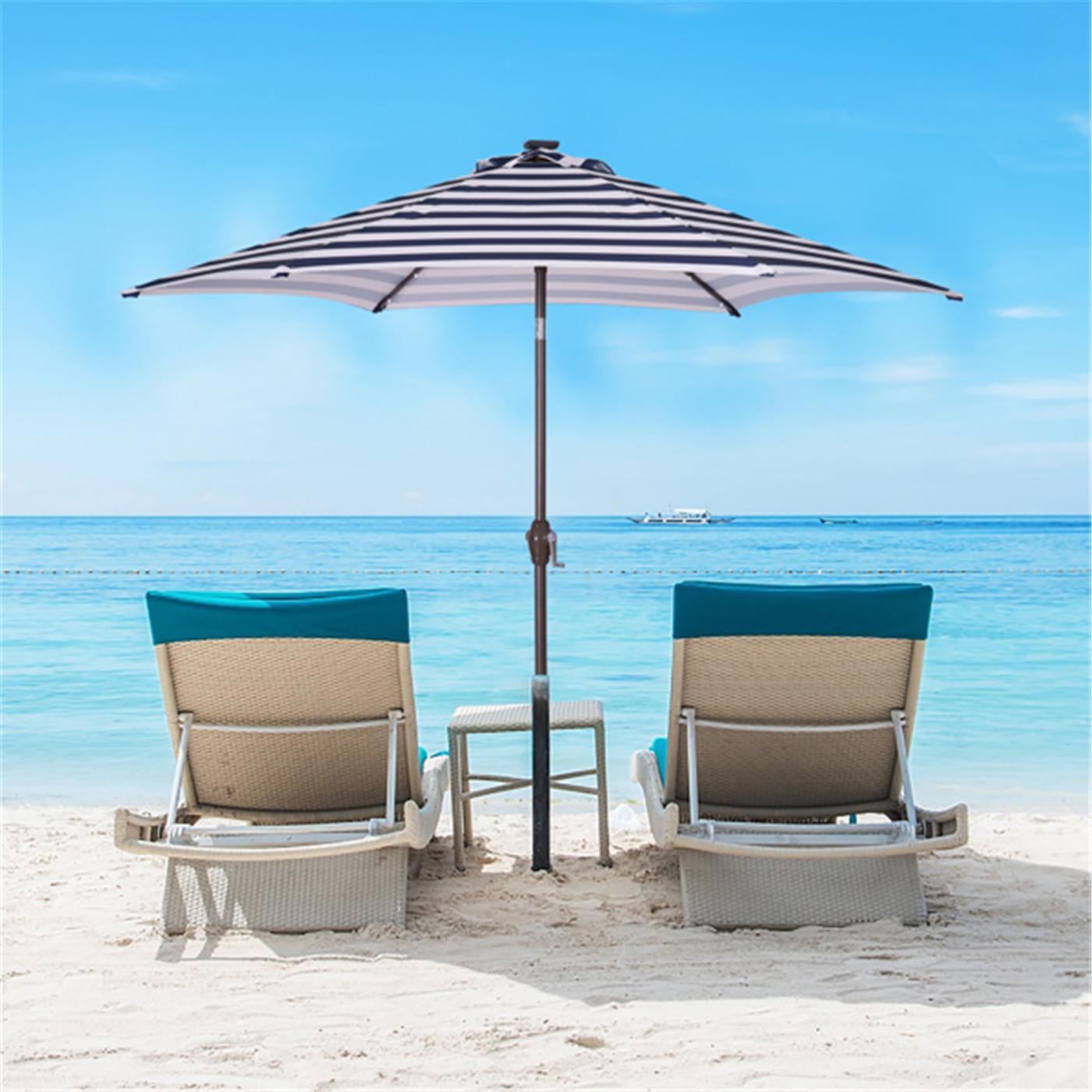 Outdoor Patio 8.7-Feet Market Table Umbrella with Push Button Tilt and Crank, Red Stripes With 24 LED Lights, Outdoor Umbrella for Garden, Deck, Backyard, Pool and Beach, Blue White Stripes
