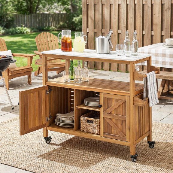 Outdoor Patio Acacia Wood Bar Cart, Natural Finish, 48.0"L x 16.0"W x 36.2"H