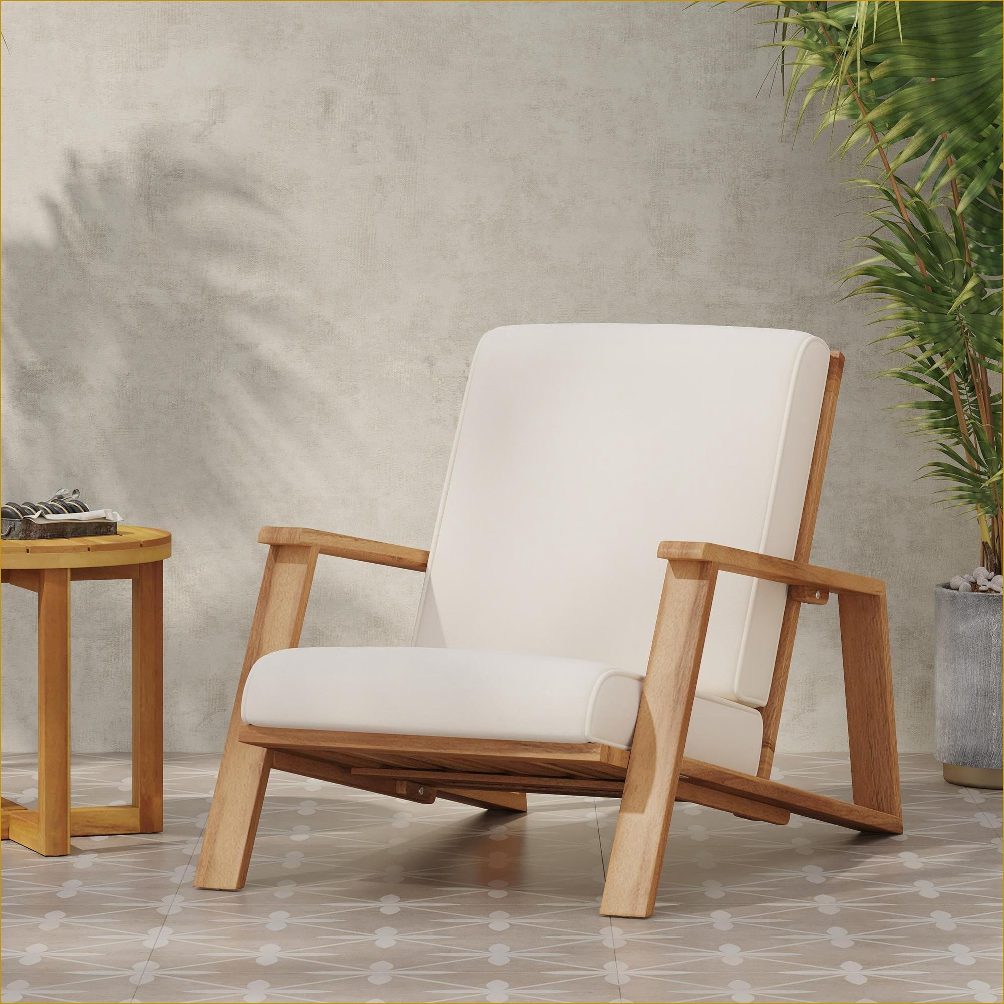 Outdoor Patio Adirondack Chair | Modern Contemporary for Backyard Poolside Fire Pit | Beige | Acacia Wood