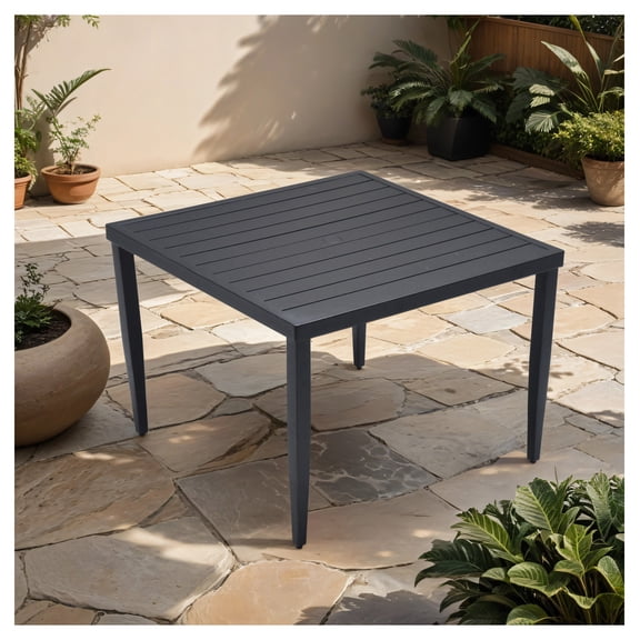 Outdoor Patio Aluminum 40"x40" Square Dining Table with Tapered Feet & Umbrella Hole, Ember Black Ember Black + Rust Resistant Frame + Garden & Outdoor + Contemporary + Complete Patio Sets + Aluminum