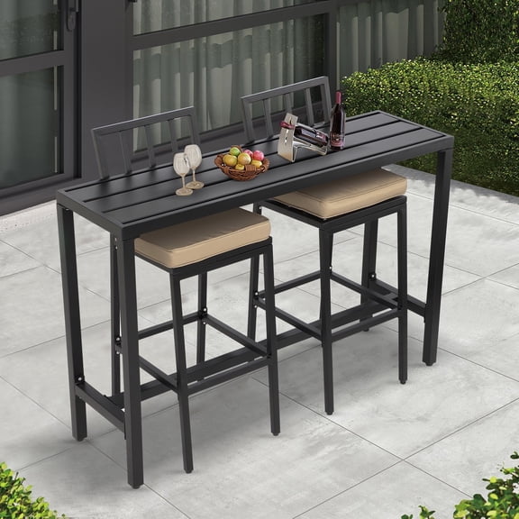 Outdoor Patio Bar Set, Bar Height Patio Dining Set, Weather-Resistant Bistro Counter Pub Set with Cushions & Slatted Tabletop for Backyard (Black, 47" Table, 2 Vertical Back stools)
