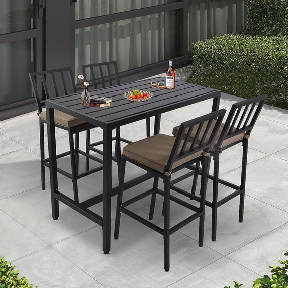 Outdoor Patio Bar Set, Bar Height Patio Dining Set, Weather-Resistant Bistro Counter Pub Set with Cushions & Slatted Tabletop for Backyard (Black, 47" Wide Table, 4 Vertical Back stools)