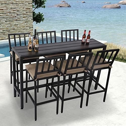 Outdoor Patio Bar Set, Bar Height Patio Dining Set, Weather-Resistant Bistro Counter Pub Set with Cushions & Slatted Tabletop for Backyard(Black, 63" Table, 6 Vertical Back stools)