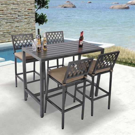 LVUYOYO 5-Piece Outdoor Bar Height Patio Dining Set with Cushions, Weather-Resistant Pub Table and 4 Stools for Backyard, Gray