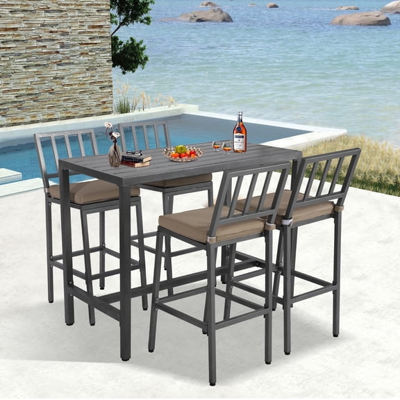 Outdoor Patio Bar Set, Bar Height Patio Dining Set, Weather-Resistant Bistro Counter Pub Set with Cushions & Slatted Tabletop for Backyard (Grey, 47" Wide Table, 4 Vertical Back stools)