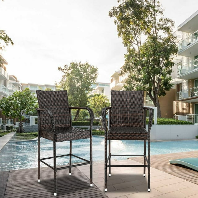 Outdoor Patio Bar Stools Set of 2, PE Rattan Bar Chairs with High Back and Armrest, Weather-Resistant Wicker Bar Height Chairs Furniture, Suitable for Poolside, Patio, Backyard, Garden, Balcony, B080