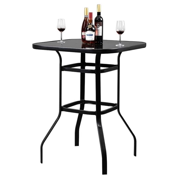 Outdoor Patio Bar Tables Wrought Iron Glass High Bar Table 31.5 Inch Square Steel Frame High Top Bar Table Tempered Glass Desktop Modern Outdoor Bar Table for Home, Patio, Porch, Garden (Black)