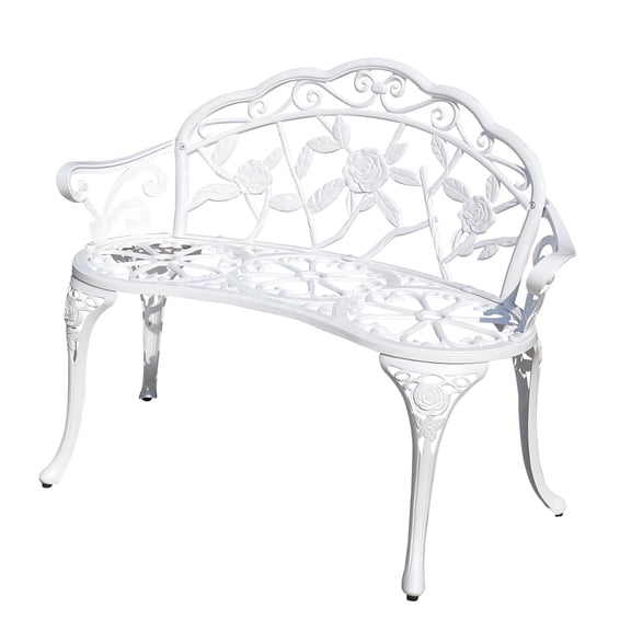 Outdoor Patio Bench Leisure Rose Chair, Cast Aluminum Bench for Garden, Lawn, Yard, White