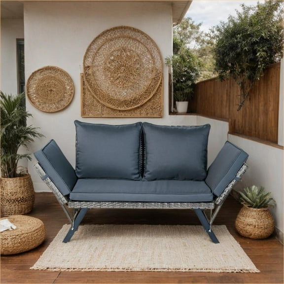 Outdoor Patio Bench, Modern Foldable Wicker Conversation Bench for Patio Backyard, Grey Wicker Charcoal Gray Cushion | Steel | DARK GREY