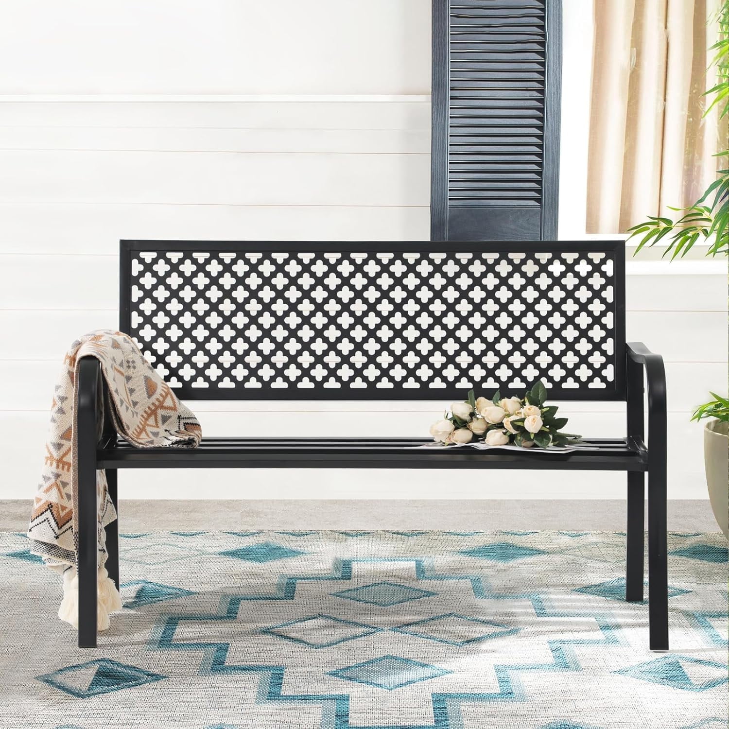 JOIVI Vintage Iron Outdoor Patio Bench Rust Resistant Metal Garden Bench with Armrest Blue Walmart