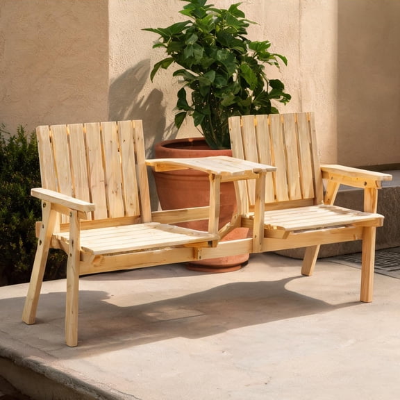 Outdoor Patio Bench with Integrated Table and Umbrella Hole, 2-Seater Natural Fir Wood, 59.8 Inches