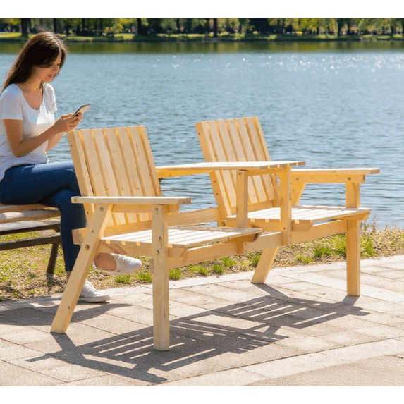 Outdoor Patio Bench with Middle Table & Umbrella Hole for Garden Backyard | Natural | Slat Back
