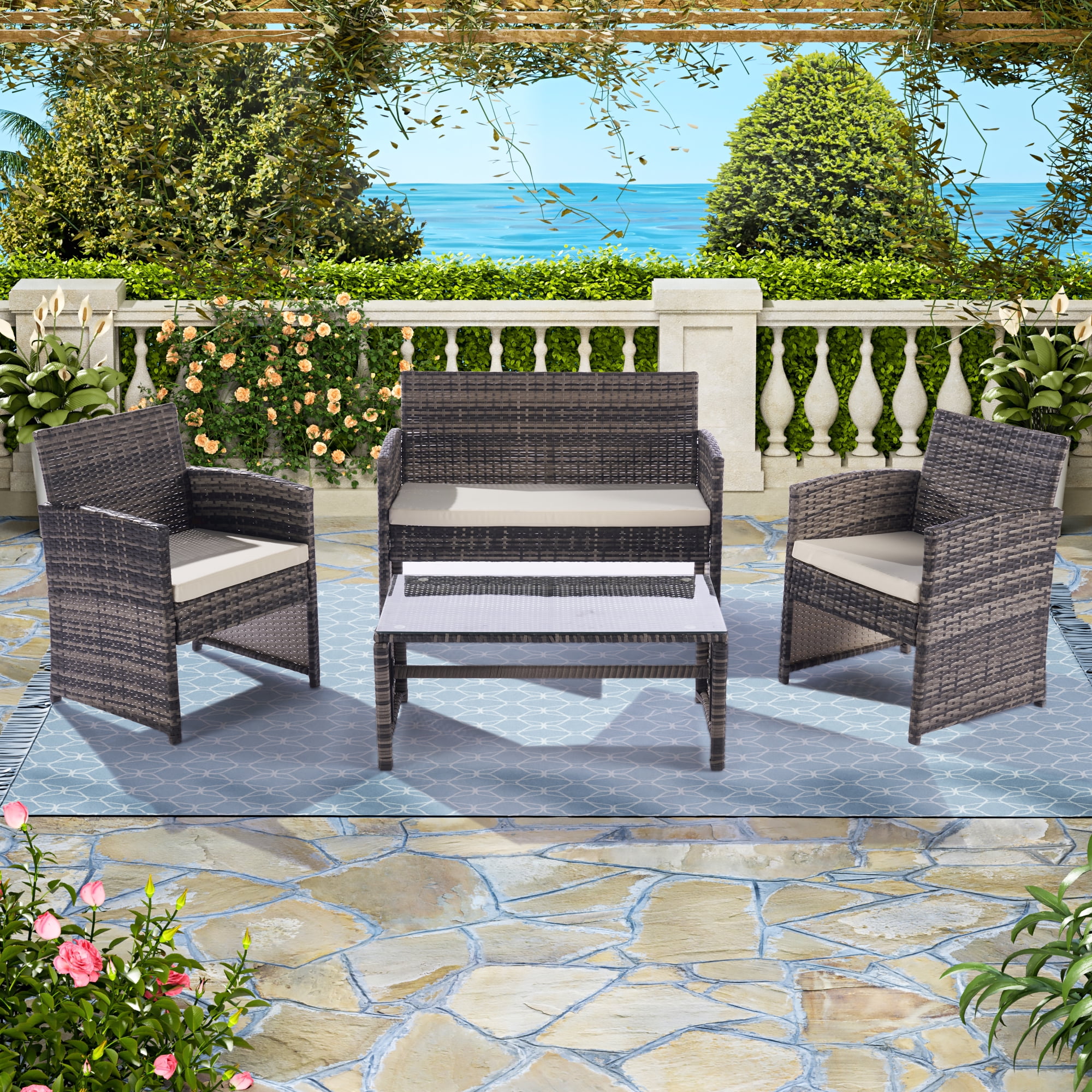 Outdoor Patio Bistro Furniture Set, 4 Pcs All-Weather Rattan Chair Set, Durable Patio Conversation Furniture Set, Cushioned Seats & Glass Table, Bistro Table Set for Garden Poolside Balcony, T2055