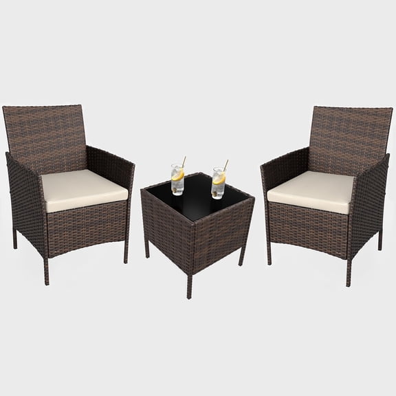 Outdoor Patio Bistro Set 3 Piece PE Rattan Wicker Chairs with Soft Cushions Glass Coffee Table Weather Resistant Conversation Furniture for Backyard Porch Balcony Poolside