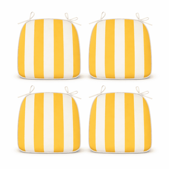 Outdoor Patio Chair Cushions, Water-Repellent U-Shape Thick Foam Seat Cushions with Ties, 17"x16"x2" All-Weather Cushions for Garden, Patio & Dining Chairs (Set of 4)- Yellow White Striped