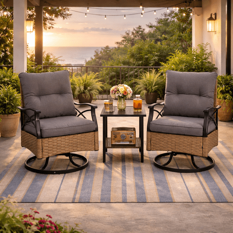 3 Pieces Patio Furniture Set, Outdoor Chair Set of 2 with Coffee Table, Porch Poolside PE Rattan Wicker Bistro Bar Set Cushioned, Heavy-duty Steel Frame Rattan 360°Swivel  Conversation Set